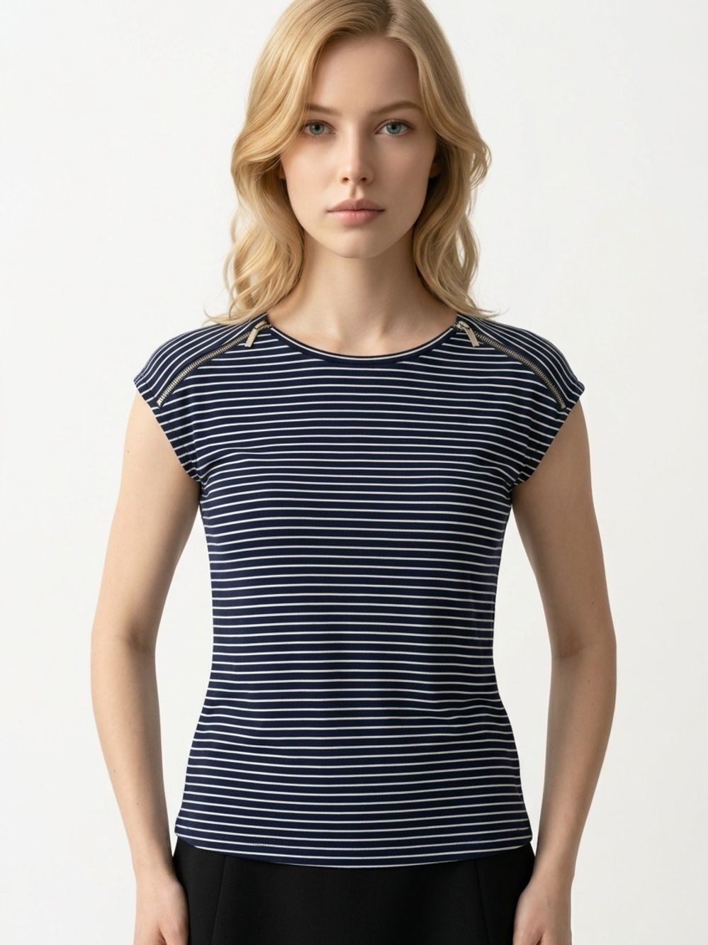 MICHAEL KORS | Sleeveless Zip Shoulder Striped Navy Blue Top Women’s Size Small